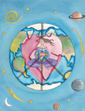 Drawing of a woman meditating inside a heart-shaped Earth, surrounded by stars and planets.