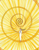 Illustration of a woman in white standing at the center of a glowing, golden spiral of light.