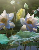Close-up of white lotus flowers and green leaves floating in a pond under soft, glowing sunlight.