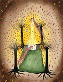 Artistic illustration of a woman in a yellow dress floating between stylized trees amidst falling leaves.