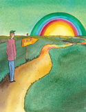 Illustration of a person on a winding path leading toward a vibrant rainbow and a "Purpose" sign.