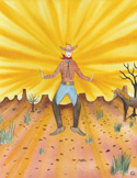 Illustration of a cowboy in a desert landscape with glowing yellow light rays emanating from behind him.