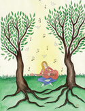 Illustration of a person playing guitar between two large trees with music notes and birds in the sky.