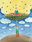 Illustration of a woman kneeling and imagining herself meditating in a field of flowers and hearts.