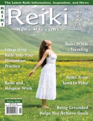 Reiki News Magazine Spring 2024 featuring a woman in a white dress in a yellow flower field with her arms outstretched.