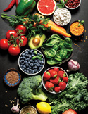 A vibrant top-down view of fresh produce including tomatoes, broccoli, and blueberries on a dark table.
