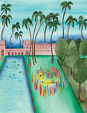 Illustration of a group in a circle around two figures in a park with palm trees and a pool.