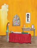 Illustration of a Reiki healing session with ancestral spirits watching over a person on a massage table.
