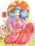 Watercolor painting of a woman with blue hair and a pink dress surrounded by flowers and a sun halo.
