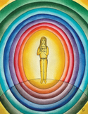 A person stands at the center of vibrant, concentric rainbow-colored energy rings or auras.