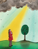 Illustration of a woman in a red coat standing on a green hill, looking up at a beam of light through dark clouds.