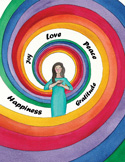 A woman stands with hands over her heart, surrounded by colorful swirling rings labeled joy, love, peace, happiness, and gratitude.