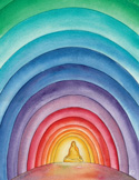 Colorful layered arches in rainbow hues surrounding a glowing golden figure sitting peacefully at the center.
