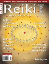 Reiki News Magazine Winter 2025 cover showing people holding hands in a heart-shaped circle with scattered red hearts and featured article titles.