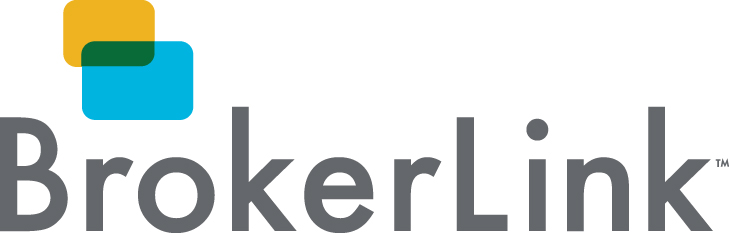 BrokerLink logo with overlapping yellow and blue squares above gray text.