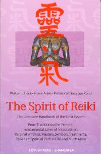 Book cover titled “The Spirit of Reiki,” featuring a stylized statue torso with bold red Reiki symbols over a soft purple background.