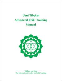 White book cover with green ICRT logo and text reading “Usui/Tibetan Advanced Reiki Training Manual.”