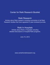 Blue booklet cover with white text titled “Center for Reiki Research Booklet,” summarizing Reiki research and hospital program articles.