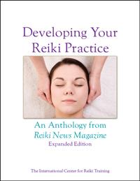 Book cover showing a woman receiving a Reiki treatment, with the title ‘Developing Your Reiki Practice’ and subtitle about an anthology from Reiki News Magazine.