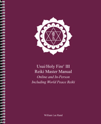 Maroon “Usui/Holy Fire III Reiki Master Manual” cover with a white ICRT logo and spiral binding, authored by William Lee Rand.
