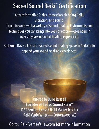 Sacred Sound Reiki Certification ad with singing bowls, course details, and contact info for ReikiVerdeValley.com.