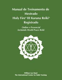 Green cover of Portuguese Holy Fire® III Karuna Reiki training manual with a white ICRT logo and author name, William Lee Rand, below.