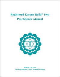 White book cover with teal ICRT logo and text reading “Registered Karuna Reiki® Two Practitioner Manual.”
