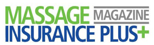 Massage Magazine Insurance Plus logo in green, gray, and blue text with a plus sign.