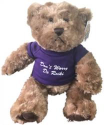 Brown plush teddy bear wearing a purple shirt with white text that reads “Don’t Worry Do Reiki.”