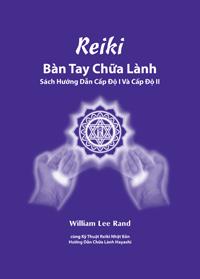 Purple cover for the Vietnamese "Reiki the Healing Touch" manual showing two glowing hands around the ICRT logo, authored by William Lee Rand.