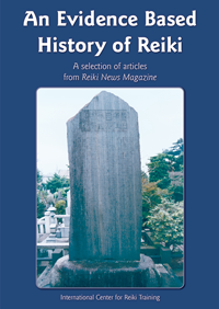 Book cover featuring the Usui Memorial Stone photograph centered on a blue background with the title “An Evidence Based History of Reiki.”