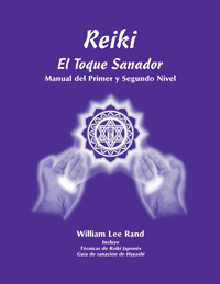 Purple cover for the Spanish "Reiki the Healing Touch" manual showing two glowing hands around the ICRT logo, authored by William Lee Rand.