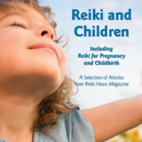 Young child smiling with eyes closed in warm sunlight beside the title “Reiki and Children,” which highlights Reiki for pregnancy and childbirth