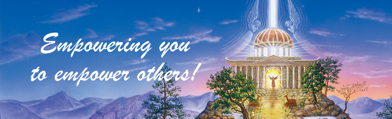 Person glowing with light before a radiant temple on a mountain, with beams and angels above.