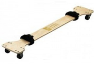 Long wooden table skate with four swivel casters and two black padded straps for securely moving massage or Reiki tables.