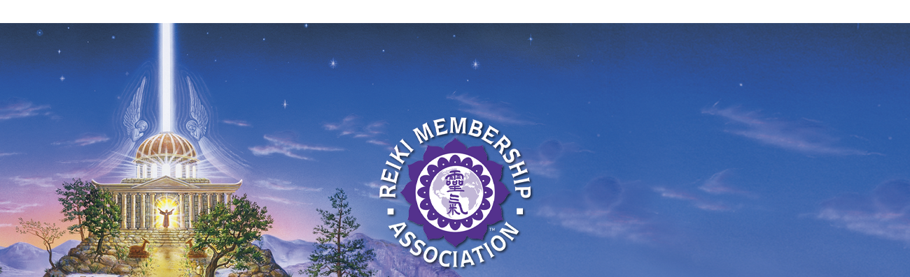 Temple with a beam of light under a starry sky, trees in the foreground, and the Reiki Membership Association logo and text on a blue background.