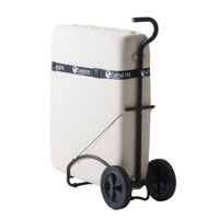 Portable massage table secured to a black wheeled cart with a handle for easy transport.
