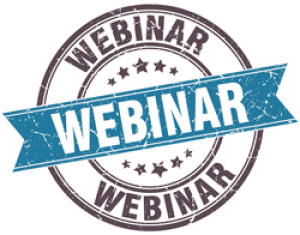 Circular vintage-style “WEBINAR” badge with a blue banner across the center and distressed texture accents.