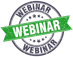 Round vintage-style “WEBINAR” badge with a distressed green banner across the center and star accents.