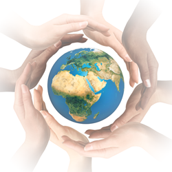 Multiple hands forming a circle around a globe, symbolizing unity, support, and global connection.